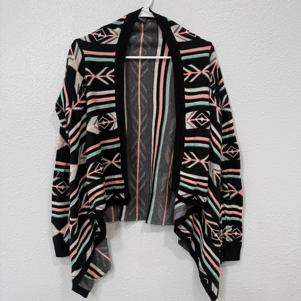 Empyre Womens Geometric Tribal Open Front Cardigan Sweater Black Pink Mint Small